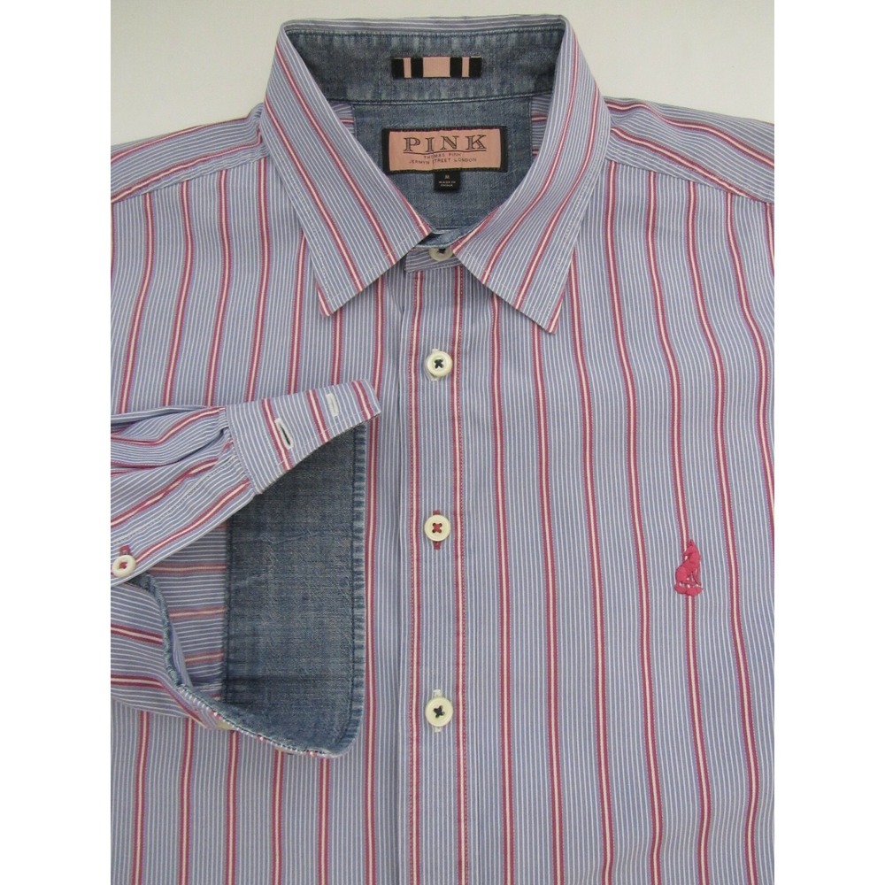 Thomas Pink Blue Contrast Collar Cuff Logo shirt Size M